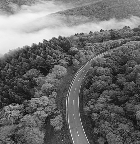 Aerial view of a road winding through a mountain forest. 