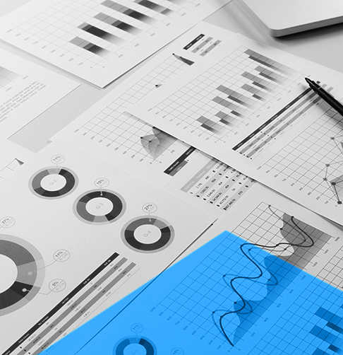 Paperwork showing charts, graphs and tables. 